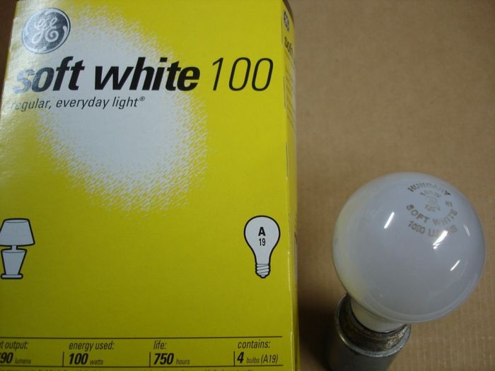 GE 100W
Here's a 4 pack of regular 100W Soft White incandescent lamps.

Made in: Hungary

Manufactured: Circa 2011
Keywords: Lamps