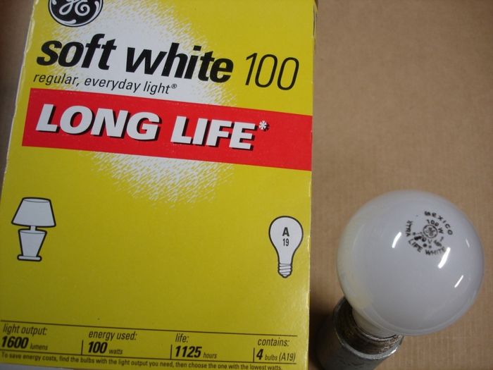 GE 100W
Here is a 4 pack of GE Soft White Long Life incandescent lamps.

Made in: Mexico

Manufactured: 2011
Keywords: Lamps