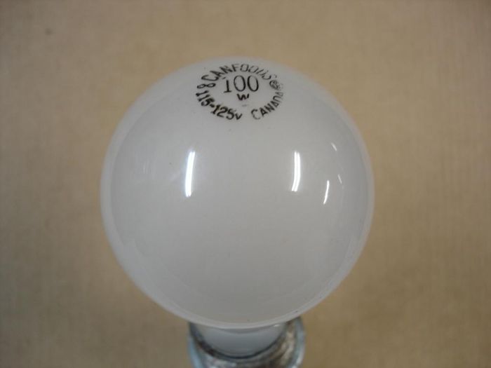 CANFOODS Sylvania 100W
Here is a frosted CANFOODS Sylvania 100W incandescent lamp.

Made in: Canada
Keywords: Lamps
