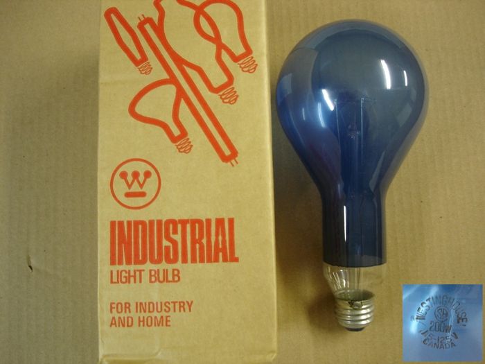 Westinghouse 200W
Here is a Westinghouse Canada 200W Daylight Blue incandescent lamp with a close-up of the etch in the bottom corner.

Made in: Trois-Rivires,Que. Canada

Manufactured: Circa 1980's?
Keywords: Lamps
