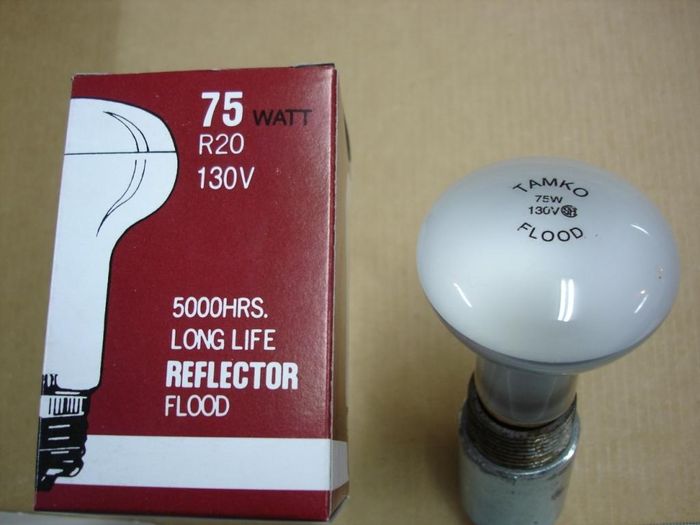 Tamko 75W
Here is a Tamko 75W long life reflector flood lamp.

Made in: China
Keywords: Lamps