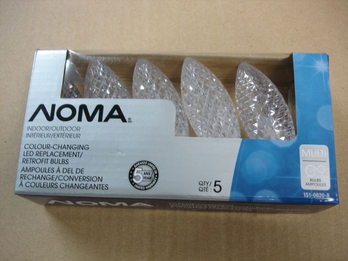 NOMA LED Retrofit Bulbs
Here is a 5 pack of NOMA C9 LED indoor/outdoor retrofit Christmas light bulbs.These are colour-changing with 5 different colours.

Made in: China

Manufactured: June 2014
Keywords: Lamps