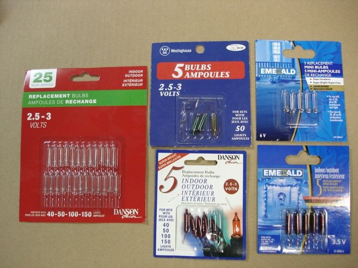 Assorted Replacement Mini-Lights
Here's some assorted mini-light packages to replace burned-out lamps in Christmas light strings.

Made in: China
Keywords: Lamps