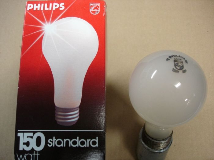 Philips 150W
Here is a Philips standard 150W frosted incandescent lamp.

Made in: USA
Keywords: Lamps