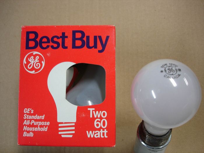 GE 60W
Here is an NOS pack of GE Best Buy 60W standard soft white incandescent lamps.

Made in: Canada
Keywords: Lamps