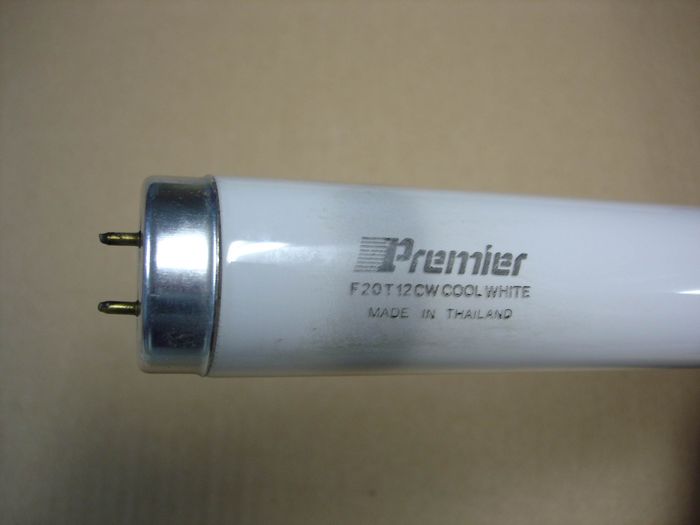 Premier F20T12
Here is a Premier F20T12 cool white fluorescent lamp. 

Made in: Thailand 
Keywords: Lamps