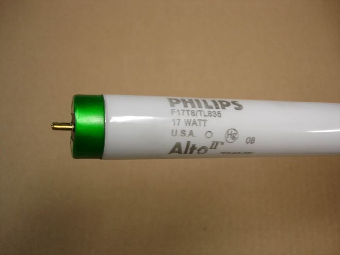 Philips F17T8
Here is a Philips F17T8 warm white fluorescent lamp with ALTO II technology.

Made in: USA

Manufactured: Feb 2010

CRI: 85
Keywords: Lamps