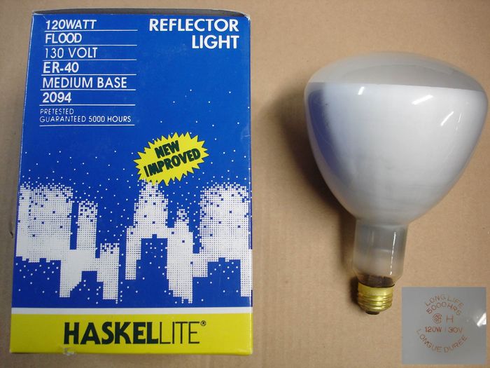 Haskellite 120W Reflector Flood
Here is a Standard Products 120W Haskellite long life reflector flood lamp.

Made in: China
Keywords: Lamps