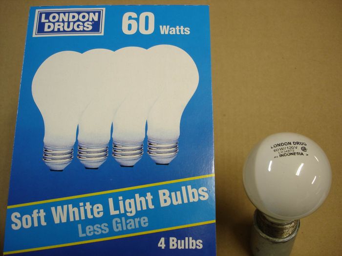 London Drugs 60W
Here is a pack of London Drugs branded Philips 60W soft white incandescent lamps. 

Made in: Indonesia 

Manufactured: Aug. 2014
Keywords: Lamps