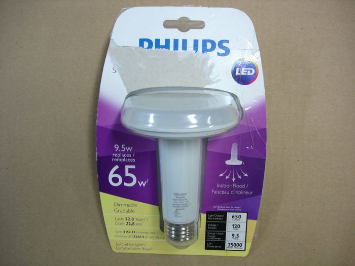 Philips 9.5W LED
Here is a Philips 9.5W Slim LED dimmable soft white flood lamp,it is supposed to be equivalent to a 65W incandescent lamp.

Made in: Mexico


Keywords: Lamps