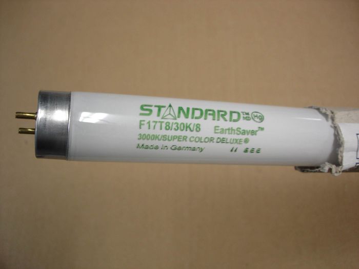 Standard F17T8
Here is a Standard,possibly Osram made? F17T8 Earthsaver 800 series 3000K Super Color Deluxe fluorescent lamp.

Made in: Germany 

CRI: 80 - 89
Keywords: Lamps
