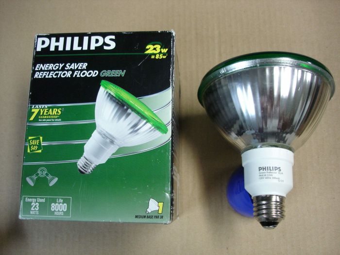 Philips 23W CFL
Here is a Philips 23W green compact fluorescent reflector flood lamp. 23W = 85W incandescent. 

Made in: China

Manufactured: July 2008
Keywords: Lamps