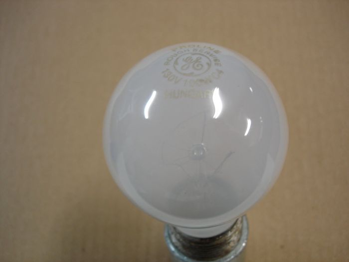 GE 100W Proline
Here is a GE 100W Proline rough service frosted incandescent lamp.

Made in: Hungary

Manufactured: March 2014
Keywords: Lamps