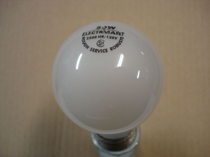 Electrimart 50W
Here is an Electrimart 50W frosted rough service incandescent lamp.

Keywords: Lamps