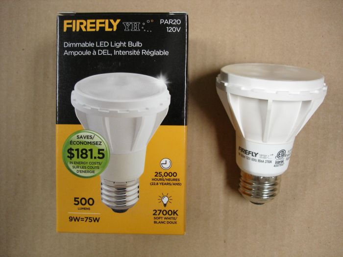 Firefly LED Flood
Here is a 9W Firefly LED dimmable warm white flood with a 40 beam angle,9W = 75W. 

Made in: China
Keywords: Lamps