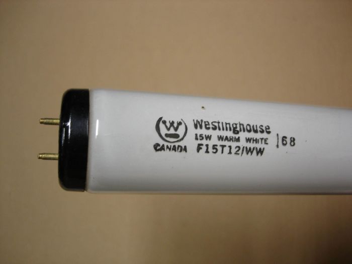 Westinghouse F15T12
A Westinghouse Canada F15T12 warm white fluorescent lamp. 

Made in: Canada

Manufactured: Date code 6 8

CRI: ~52
Keywords: Lamps