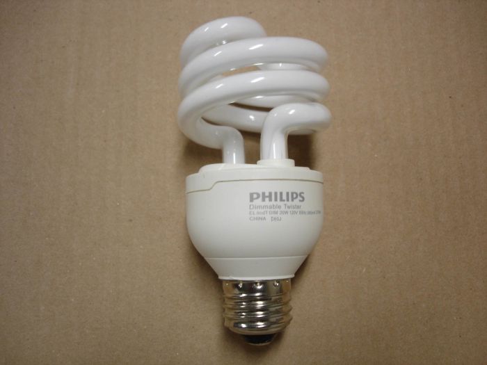 Philips 20W CFL
A Philips 20W Dimmable Twister warm white compact fluorescent lamp.It is supposed to smoothly dim to 1% of full light levels. 

Made in: China

Manufactured: Sept. 2010

CRI: 82
Keywords: Lamps