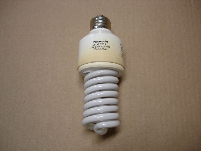 Panasonic 25W CFL
A Panasonic 25W warm white CFL lamp.This one has a pretty tight T2 spiral. 25W = 100W incandescent. 

Made in: Indonesia
Keywords: Lamps