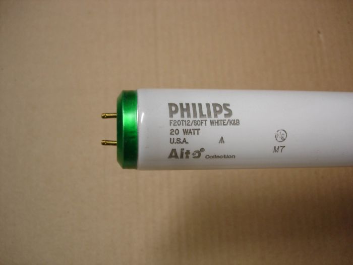 Philips F20T12
Here is a Philips ALTO F20T12 Soft White Kitchen & Bath fluorescent lamp.

Made in: USA

Manufactured: Dec. 2007

CRI: 85
Keywords: Lamps
