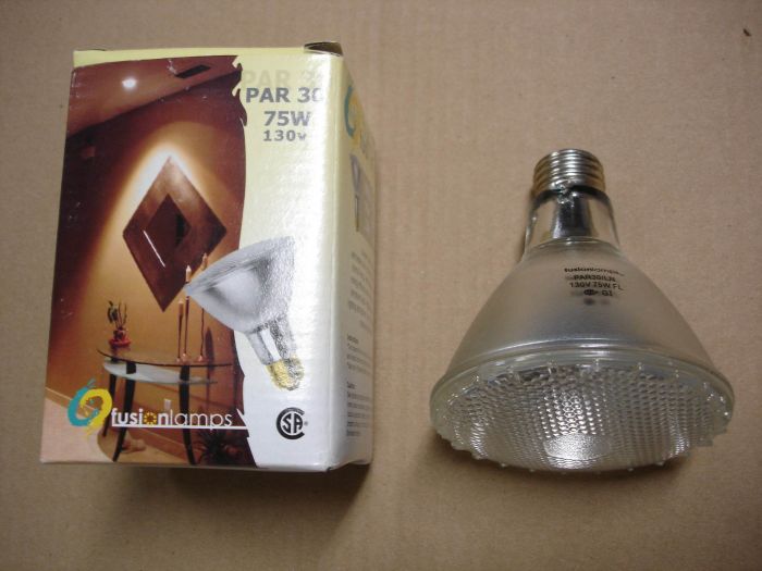 Fusion Lamps 75W Flood
Here is a Fusion Lamps 75W PAR 30 33 beam long neck halogen flood lamp.

Made in: China?
Keywords: Lamps