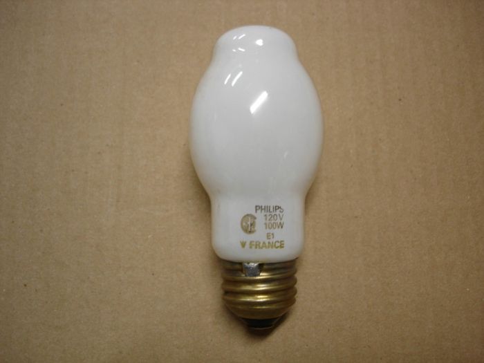 Philips 100W 
Here is a Philips 100W coated Halogena halogen lamp.

Made in: France

Manufactured: May 2001
Keywords: Lamps