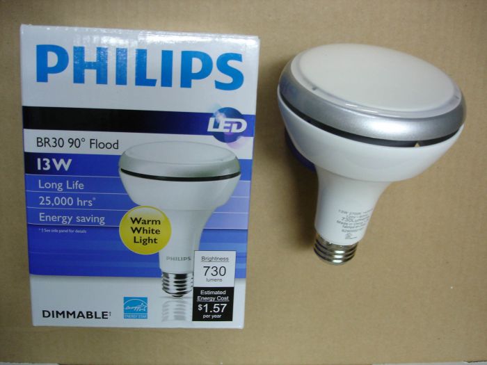 Philips 13W LED
Here is a Philips 13W LED warm white dimmable wide beam flood lamp. 

Made in: China

CRI: 82
Keywords: Lamps