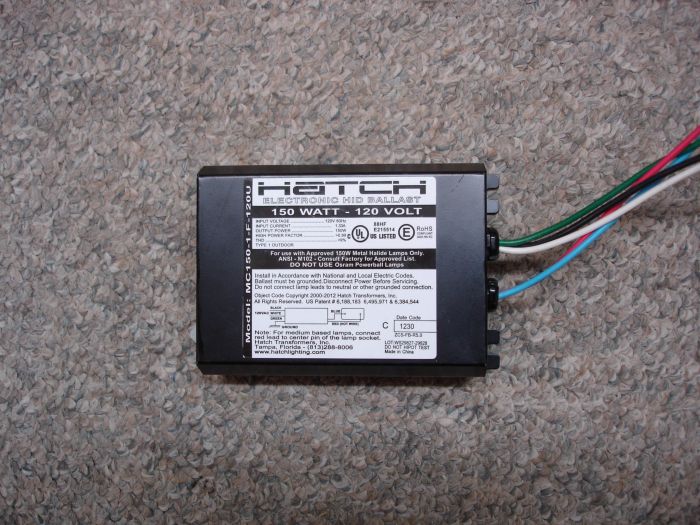 Hatch Lighting Electronic Ballast
Here is a Hatch Lighting electronic 150W metal halide ballast.

Made in: China

Manufactured: July 2012

Nominal input power: 164W
Keywords: Gear
