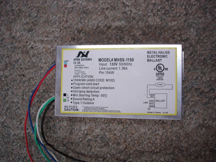 Antron Electronic Ballast
Here I have a Antron Electronics 150W electronic metal halide ballast.

Made in: Taiwan

Input power: 167W
Keywords: Gear