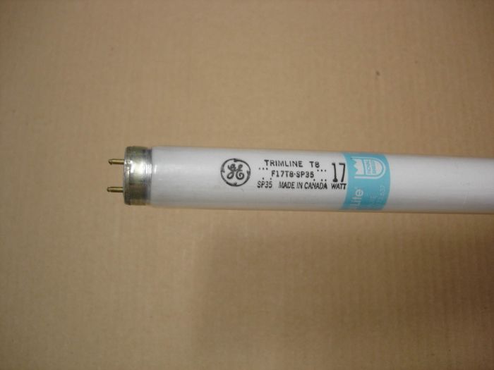 GE F17T8
Here is a GE Canada F17T8 Trimline  17W fluorescent lamp with Royal Lite Royal Shield shatter resistant coating.

Made in: Canada

CRI: 78
Keywords: Lamps