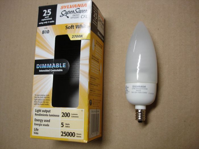 Sylvania 5W CFL
Here is a Sylvania Super Saver covered 5W decorative cold cathode compact fluorescent lamp. It is dimmable and equal to a 25W incandescent lamp.

Made in: China

CRI: 82
Keywords: Lamps