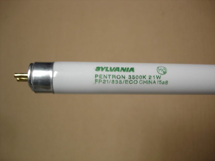 Sylvania F21T5
Here is a Sylvania F21T5 Pentron ECO 3500K fluorescent lamp. 

Made in: China

Date code: f5a8
Keywords: Lamps