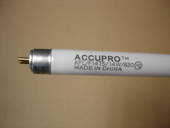 Accupro F14T5
Here is a Accupro F14T5 soft white fluorescent lamp.

Made in: China
Keywords: Lamps
