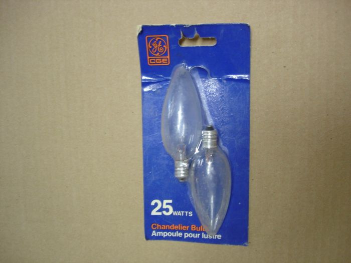 CGE 25W 
A Canadian General Electric (CGE) 25W chandelier bulb.

Made in: Canada

Manufactured: Circa 1980's
Keywords: Lamps