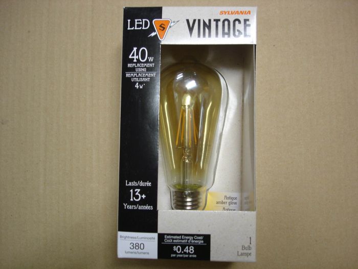 Sylvania 4W LED
Here is a Sylvania 'VINTAGE' ST19 4W antique amber glow warm white LED filament lamp,non-dimmable equivalent to a 40W incandescent lamp.

Made in: China

Manufactured: Circa 2016

Keywords: Lamps