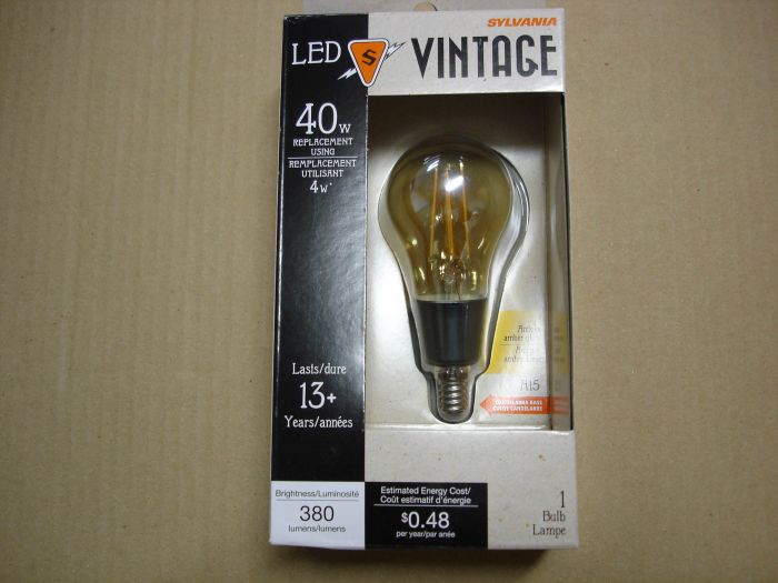 Sylvania 4W LED
Here is a Sylvania 'VINTAGE' A15 4W antique amber glow warm white LED filament lamp,non-dimmable equivalent to a 40W incandescent lamp.

Made in: China

Manufactured: Circa 2016
Keywords: Lamps
