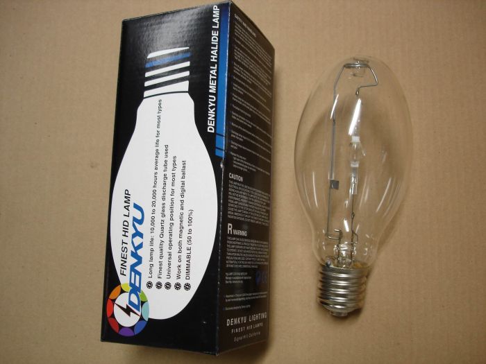 Denkyu 100W Metal Halide
Here is a Denkyu 100W clear pulse start metal halide lamp, dimmable 50 to 100%.

Made in: China with USA/China/Japan made components

Manufactured: September 2013
Keywords: Lamps