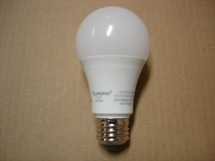Luminus 9.5W LED
Here is a Luminus 9.5W A-shape non-dimmable LED lamp. 

Made in: China
Keywords: Lamps
