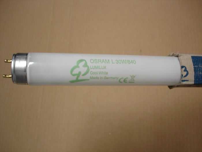 Osram L30W840
Here is a Osram Lumilux 30W cool white T8 fluorescent lamp.

Made in: Germany
Keywords: Lamps