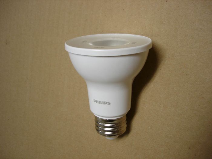 Philips 6W LED
Here is a Philips 6W dimmable daylight 35flood PAR20 LED lamp. 6W = 50W incandescent. 

Made in: Assembled in Mexico

CRI: 82
Keywords: Lamps