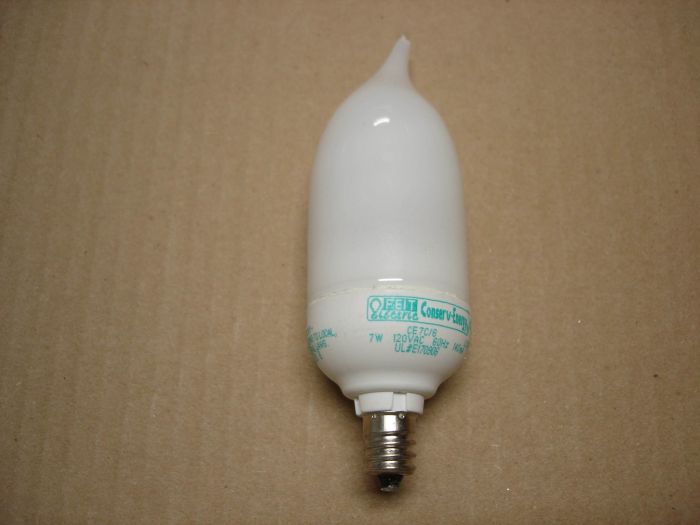 Feit Electric 7W CFL
Here is a Feit Electric 7W soft white decorative flame tip compact fluorescent lamp. 7W = 40W incandescent.

Made in: China
Keywords: Lamps