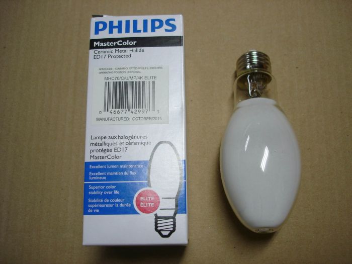Philips 70W Ceramic Metal Halide
Here is a Philips 70W MasterColor Elite coated ceramic metal halide lamp.

Made in: China

Manufactured: October 2015

CRI: 90
Keywords: Lamps