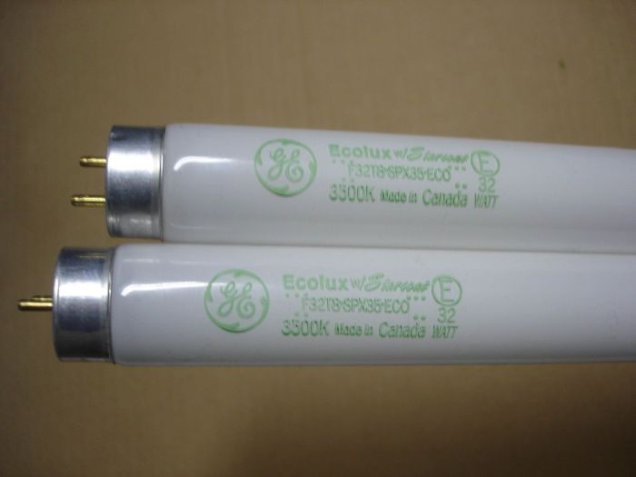 GE F32T8
Here's a pair of GE Ecolux F32T8 neutral white with Starcoat phosphors.

Made in: Canada

CRI: 86
Keywords: Lamps