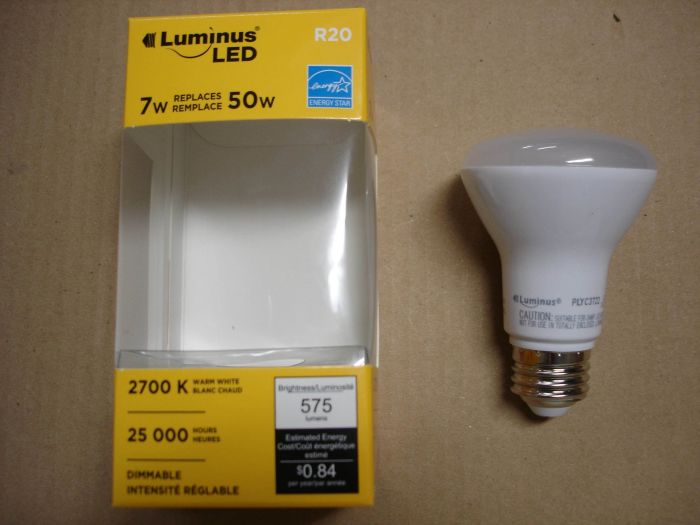 Luminus 7W LED
Here's a 7W Luminus warm white dimmable flood lamp with a wide 110 degree beam.

Made in: China

Manufactured: Circa 2017

CRI: 80
Keywords: Lamps