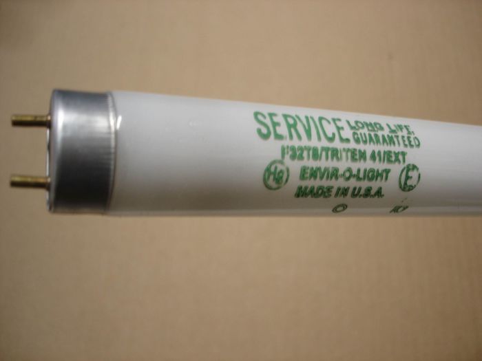 Service F32T8
Here is a Service ENVIR-O-Light (Philips?) F32T8 TRI TEN Series cool white long life fluorescent lamp.

Made in: USA

Manufactured: October 2007
Keywords: Lamps