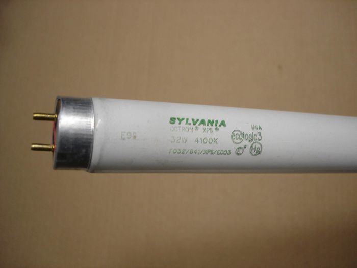 Sylvania F32T8
Here is a Sylvania F32T8 Octron XPS Ecologic 3 cool white fluorescent lamp.

Made in: USA

Manufactured: 1999? 
Keywords: Lamps