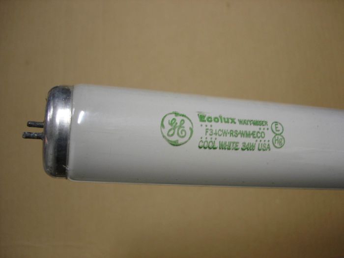 GE F34T12
Here's a GE F34T12 Ecolux Wattmiser cool white fluorescent lamp.

Made in: USA

CRI: 60
Keywords: Lamps