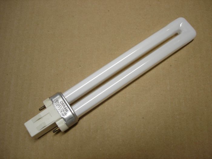 Osram 13W Dulux S
Here is an Osram 13W PL style Dulux S warm white compact fluorescent lamp.

Made in: USA
Keywords: Lamps