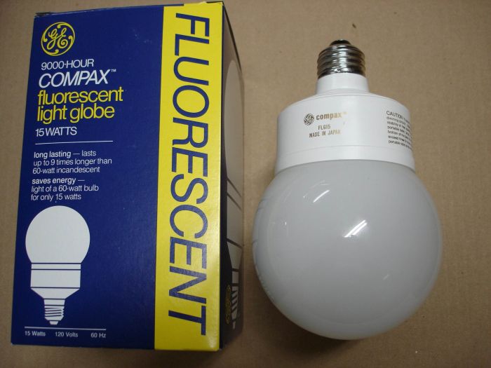 GE 15W CFL
Here is a GE 15W Compax globe warm white compact fluorescent lamp. 

Made in: Japan
Keywords: Lamps