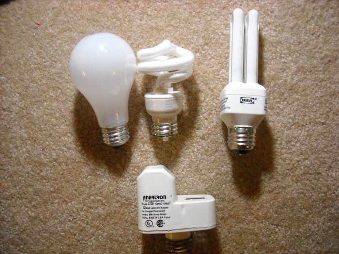 Thrift Store Finds
Took a trip to Goodwill yesterday and came home with some cool finds!
Left to Right:
- 60w No Name (I think GE) Incandescent
- 9w TCP "Mini-Bulb" CFL(Never seen one so small)
- Well used, older 11w IKEA 2P211 CFL
- And a 13w Enertron PL adapter. (magnetic)

Keywords: Lamps