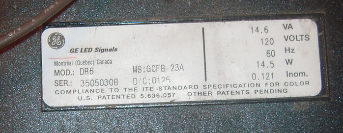 GE label.
Here is the label to my green LED module. Specs and all are on it.
Keywords: Traffic_Lights